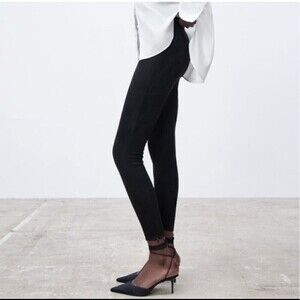 Zara Black Faux Suede Leather Side Zip Stretch Leggings Pants Raw Hem Ankle Zip